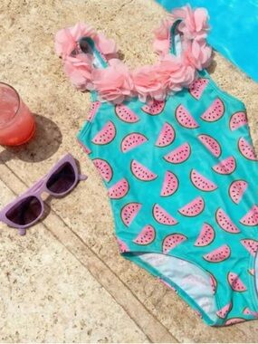 Baby Girl Swimsuit With Watermelon Print, and Pink Floral Trim, by Real Love